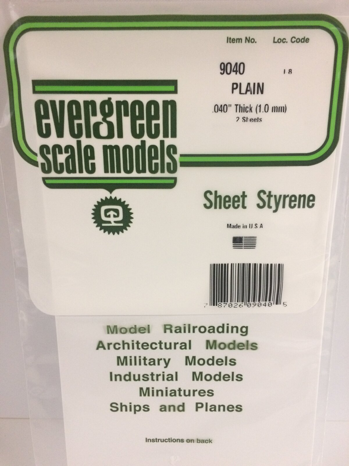 Evergreen Styrene Plastic 9040 Plain Sheet 0.040"x 6"x 12" 2 