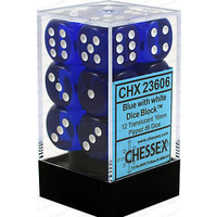 Chessex 23606 Translucent 16mm d6 Blue/white Block (12)