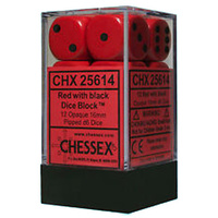 D6 Dice Opaque 16mm Red/Black (12 Dice in Display)
