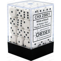 D6 Dice Opaque 12mm White/Black (36 Dice in Display)