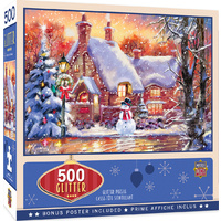 Masterpieces 500pc Holiday Glitter Snowman Cottage Jigsaw Puzzle 