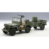 Autoart 1/18 Willys Jeep Army Green With Trailer Acces.
