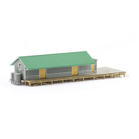 Auscision Models HO NSWGR G3 Goods Shed, Green Roof, Grey Walls & Cream Doors Ready-to-Place