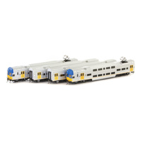 Auscision Models HO V Set CityRail Intercity, Blue/Yellow Nose with Blue/Yellow L7 & Yellow Doors - 4 Car Locomotive Set DCC Sound