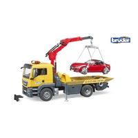 Bruder 1/16 MAN TGS Flat Top Tow Truck with Roadster + Lights & Sound