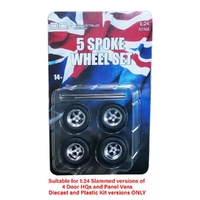 DDA 1/24 Set of 4 x 5 Spoke Chrome Wheels w/Tyres & Axles - Suits Slammed Models - Holden HQ & HJ - Ford XW & XY