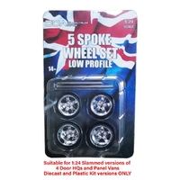 DDA 1/24 Set of 4 x Low Profile Chrome 5 Spoke Wheels w/Tyres & Axles - Suits Slammed Models - Holden HQ & HJ - Ford XW & XY