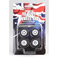 DDA 1/24 Set of 4 x 10 Slot Unpainted Injected White Wheels w/Tyres & Axles - Suits Slammed Models - Holden HQ & HJ - Ford XW & XY