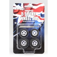 DDA 1/24 Set of 4 x 5 Spoke Unpainted Injected White Wheels w/Tyres & Axles - Suits Slammed Models - Holden HQ & HJ - Ford XW & XY