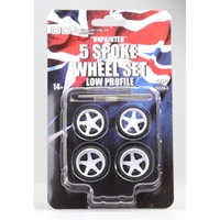DDA 1/24 Set of 4 x Low Profile Unpainted Injected White 5 Spoke Wheels w/Tyres & Axles - Suits Slammed Models - Holden HQ & HJ - Ford XW & XY