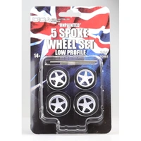 DDA 1/24 Set of 4 x Low Profile Unpainted Injected White 5 Spoke Wheels w/Tyres & Axles - Suits Slammed Models - Holden HQ & HJ - Ford XW & XY