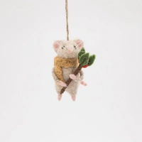 Felt Hanging Mouse w/ Beige Scarf & Greenery