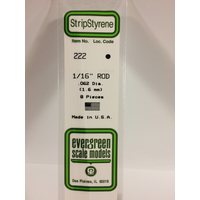 Evergreen 222 White Polystyrene Rod 0.062 x 14" / 1.6mm x 36cm (8)