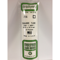 Evergreen 256 White Polystyrene Square Tube 0.375 x 14" / 9.5mm x 36cm (2)