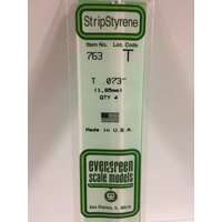 Evergreen White Polystyrene T Profile 0.073 x 0.073 x 14" 0.024 Thick / 1.9mm x 1.9mm x 36cm (4)