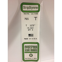 Evergreen 765 White Polystyrene T Profile 0.123 x 0.123 x 14" 0.040 Thick / 3.1mm x 3.1mm x 36cm (3)
