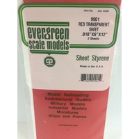 Evergreen Transparent Red Polystyrene Sheet 0.010 x 6 x 12" / 0.25mm x 15cm x 30cm (2)