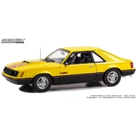 Greenlight 1/18 Bright Yellow w/Black and Red Cobra Hood graphics 1979 Ford Mustang Cobra Fastback Diecast Car