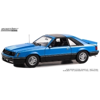 Greenlight 1/18 Medium Blue w/Light blue Cobra Hood Graphics 1979 Ford Mustang Cobra T-Top Diecast