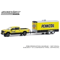 Greenlight 1/64 Pennzoil 2018 Nissan Titan XD Pro 4X w/Enclosed Trailer from Hitch & Tow Series 30 Diecast