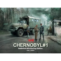 ICM 1/35 Chernobyl#1. Radiation Monitoring Station (ZiL-131KShM truck & 5 Figures & diorama base with background) Plastic Model Kit