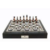 Dal Rossi 18" Chess Set Black Finish Chess Set with PU Leather Edge with compartments and Metal / Marble Finish Chess Pieces (L2226DR & L2235DR)