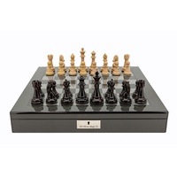 Dal Rossi Italy Dark Red and Box wood Finish Chess Set on Carbon Fibre Shiny Finish Chess Box 20" with compartments (L3225DR & L2266DR)