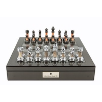 Dal Rossi Italy Carbon Fibre Shiny Finish Chess Box 16" with Metal Marble Chess Pieces (L2226DR & L2260DRBOX)