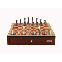 Dal Rossi Italy Chess Set: 18" Red Mahogany Finish Chess Box & Contemporary Pewter Chess Pieces