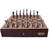 Dal Rossi Italy Chess Set: 18" Red Mahogany Finish Chess Box /w Drawers & 110mm Staunton Metal Chess Pieces