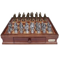 Dal Rossi Italy Chess Set: 16" Walnut Finish Chess Box & 80mm Dragons Pewter Chess Pieces