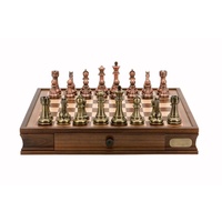 Dal Rossi Italy Chess Set: 20" Walnut Finish Chess Box & Bronze & Copper Weighted Chess Pieces
