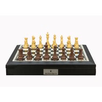 Dal Rossi Italy Chess Set 18" Black and White with Black PU Leather Edge with compartments, With Queens Gambit chessmen 90mm