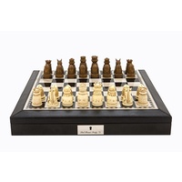 Dal Rossi Italy Black PU Leather Bevilled Edge chess box with compartments 18" with Medieval Resin Chessmen (L2206DR & L2235DR)