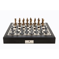 Dal Rossi Italy Black PU Leather Bevilled Edge chess box with compartments 18" with Medieval Pewter Chessmen (L2222DR & L2235DR)