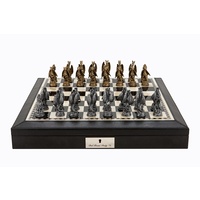 Dal Rossi Italy Black PU Leather Bevilled Edge chess box with compartments 18" with Dragon Pewter Chessmen (L2223DR & L2235DR)