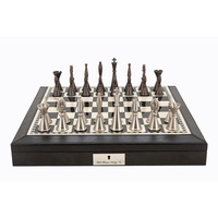 Dal Rossi Italy Black PU Leather Bevilled Edge chess box with compartments 18" with Staunton Metal Chessmen (L2234DR & L2235DR)