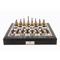 Dal Rossi Italy Black PU Leather Bevilled Edge chess box with compartments 18" with Staunton Metal/Wood Chessmen (L2236DR & L2235DR)