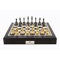 Dal Rossi Italy Black PU Leather Bevilled Edge chess box with compartments 18" with Staunton Brass Titanium Cap Chessmen (L3052DR & L2235DR)