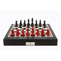 Dal Rossi Italy Black PU Leather Bevilled Edge chess box with compartments 18" with French Lardy Black/Red 85mm Chessmen (L3070DR & L2235DR)