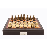 Dal Rossi Italy Brown PU Leather Bevilled Edge chess box with compartments 18" with Medieval Resin Chessmen (L2206DR & L2233DR)
