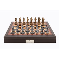 Dal Rossi Italy Brown PU Leather Bevilled Edge chess box with compartments 18" with Medieval Pewter GA Chessmen (L2222DR & L2233DR)