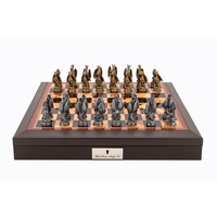 Dal Rossi Italy Brown PU Leather Bevilled Edge chess box with compartments 18" with Dragon Pewter Chessmen (L2223DR & L2233DR)