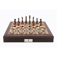 Dal Rossi Italy Brown PU Leather Bevilled Edge chess box with compartments 18" with Contemporary Metal Chessmen (L2224DR & L2233DR)