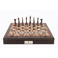 Dal Rossi Italy Brown PU Leather Bevilled Edge chess box with compartments 18" with Staunton Metal Chessmen (L2233DR & L2234DR)