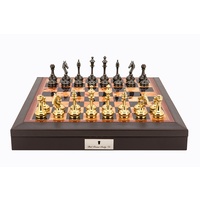 Dal Rossi Italy Brown PU Leather Bevilled Edge chess box with compartments 18" with Staunton Brass Titanium Cap Chessmen (L3052DR & L2233DR)