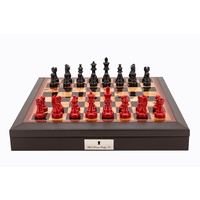 Dal Rossi Italy Brown PU Leather Bevilled Edge chess box with compartments 18" with French Lardy Black/Red 85mm Chessmen (L3070DR & L2233DR)