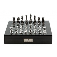 Dal Rossi Italy Chess Set with Diamond-Cut Titanium & Silver 85mm chessmen on a Carbon Fibre Shiny Finish Chess Box 16"� with compartments