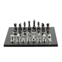 Dal Rossi Italy Chess Set with Diamond-Cut Titanium & Silver 85mm chessmen on a Carbon Fibre Shiny Finish Chess Board 16"�