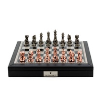 Dal Rossi Italy Black PU Leather Bevelled Edge chess box with compartments 18" with Diamond-Cut Copper & Bronze Finish Chessmen